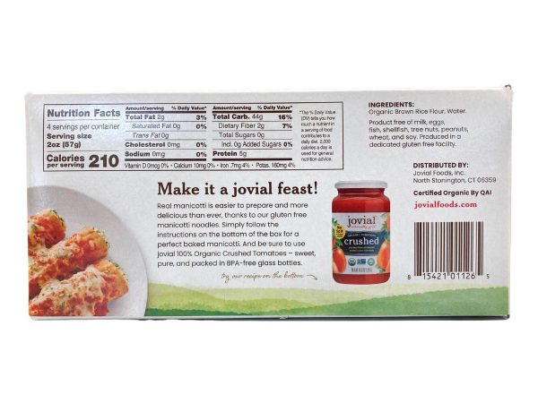 Manicotti, Brown Rice, Organic, Jovial, Gluten-Free Hot on Sale