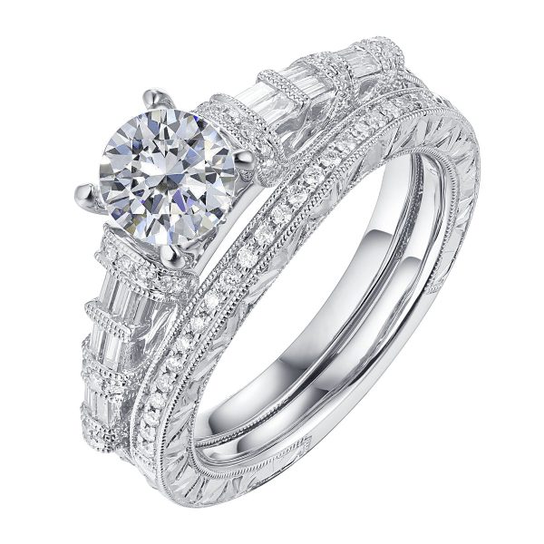 Fancy Cut Round and Taper Diamond Engagement Ring S2012077A and Matching Wedding Ring S2012077B For Cheap