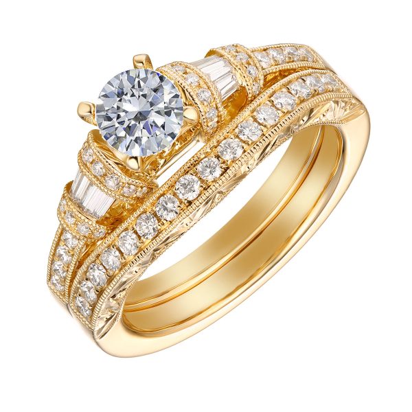 Fancy Cut Round and Taper Diamond Engagement Ring S2012078A and Matching Wedding Ring S2012078B Supply